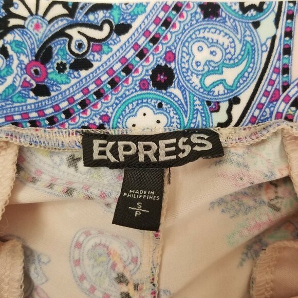 Express Women's Small Pants Pull On Pleated Stretch Paisley Pink Blue Pockets - Picture 6 of 7